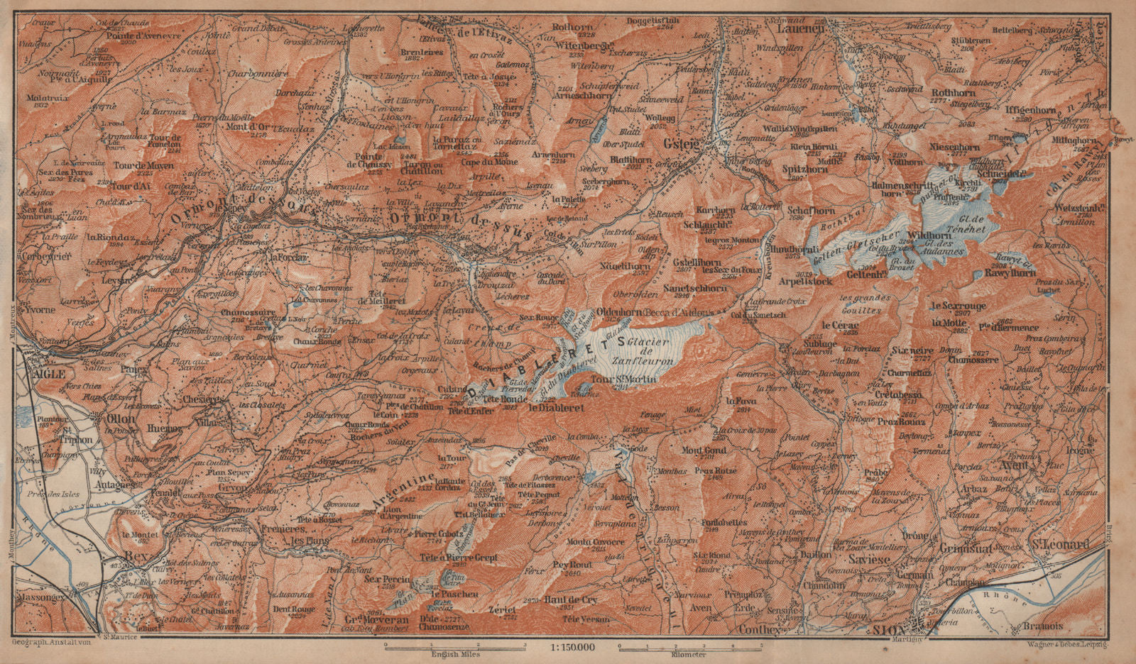 AIGLE DISTRICT.Les Diablerets Villars Gryon Leysin Les Mosses Ormont 1901 map